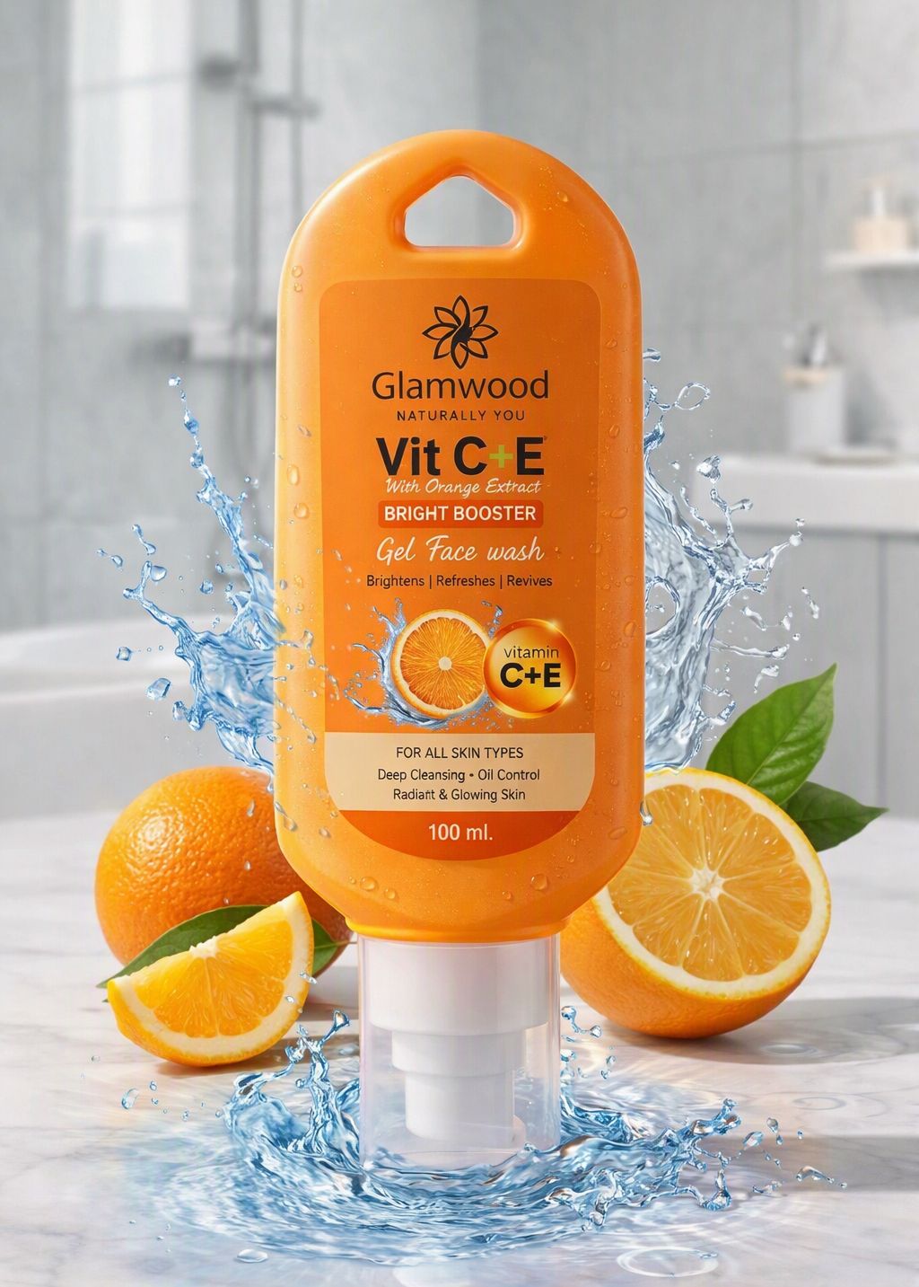 🍊 Glamwood Vit C + E Bright Booster Gel Face Wash – With Orange ExtracT