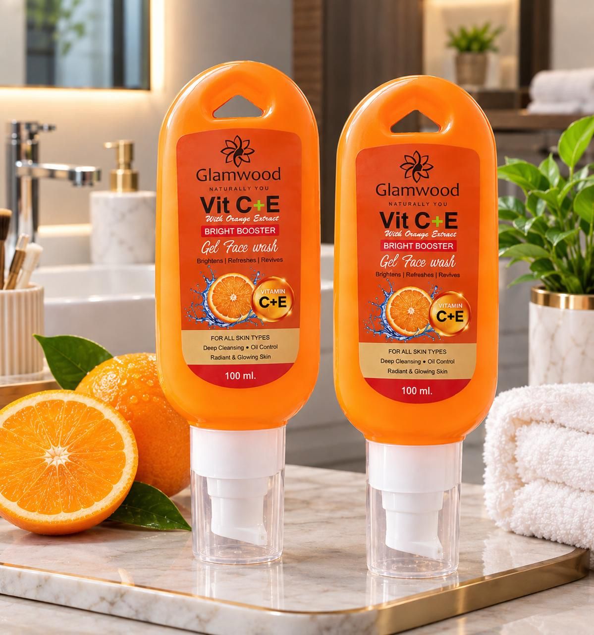 🍊 Glamwood Vit C + E Bright Booster Gel Face Wash – With Orange ExtracT