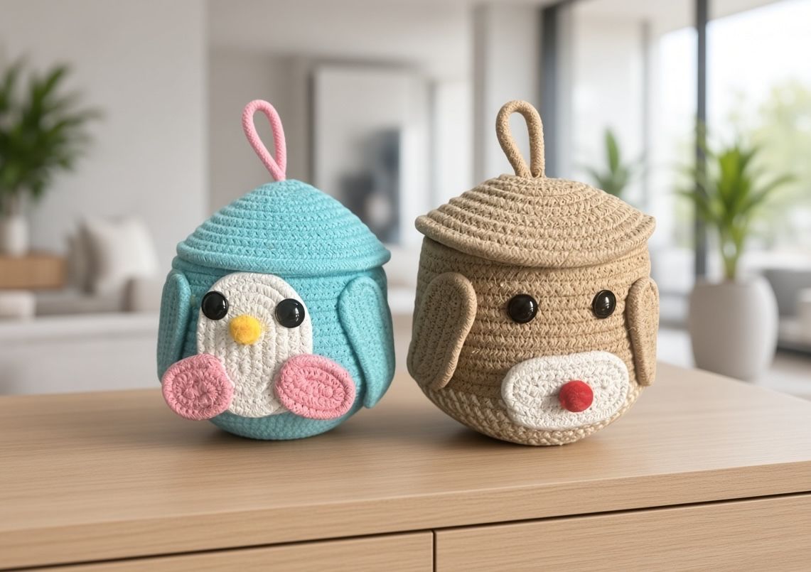 Glamwood Cute Animal Woven Storage Basket with Lid – Kids Room & Home Organizer