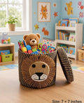 Glamwood Cute Lion Woven Storage Basket with Lid – Kids Room & Toy Organizer | 7 × 7 IncheS