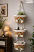 Glamwood 3-Tier Hanging Rope Storage Basket – Rainbow Wall Organizer for Home & Bathroom